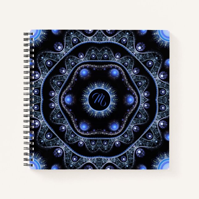 Blue Black Teal Shining Lace Boho Mandala Monogram Notebook (Front)
