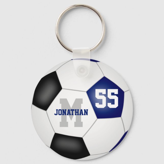 blue black team colours boys girls soccer ball key ring (Front)