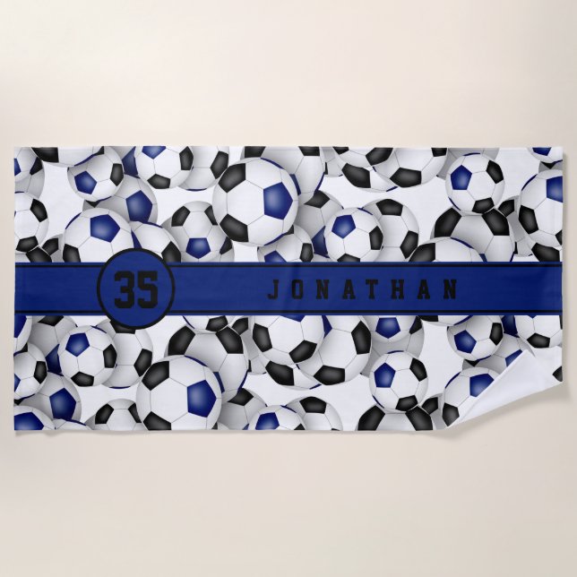 Blue black team colours soccer balls pattern beach towel (Front)