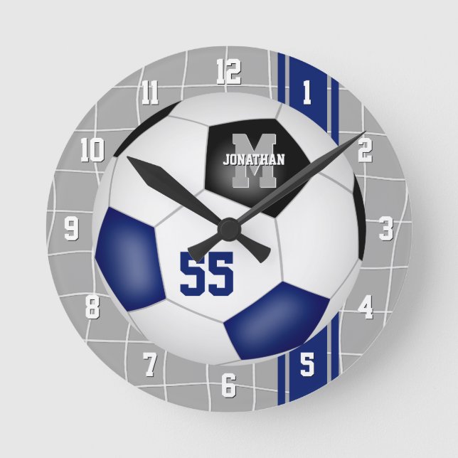 Blue black team colours varsity stripes soccer round clock (Front)