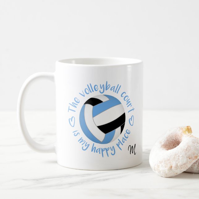 blue black The volleyball court is my happy place Coffee Mug (With Donut)
