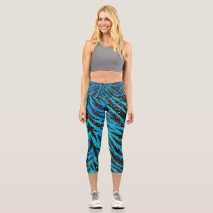 Blue & Black Tiger Stripe Animal Print Capri Leggings