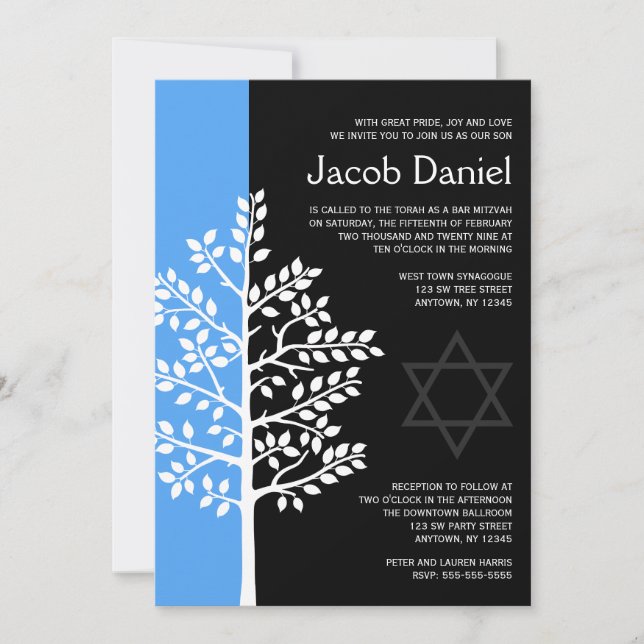 Blue Black Tree of Life Bar Mitzvah Invitations (Front)
