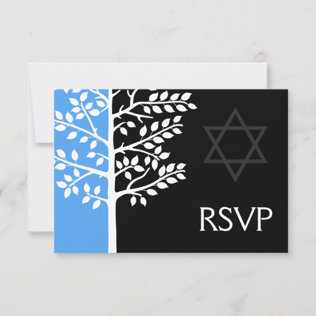 Blue Black Tree of Life Bar Mitzvah RSVP Card (Front)