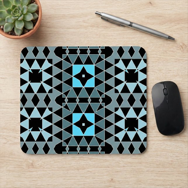 Blue & Black Trendy Op Art Geometric Pattern Mouse Mat (Creator Uploaded)