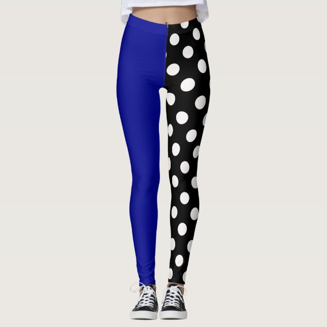 Blue Black Two Tone Split Polka Dots Leggings (Front)