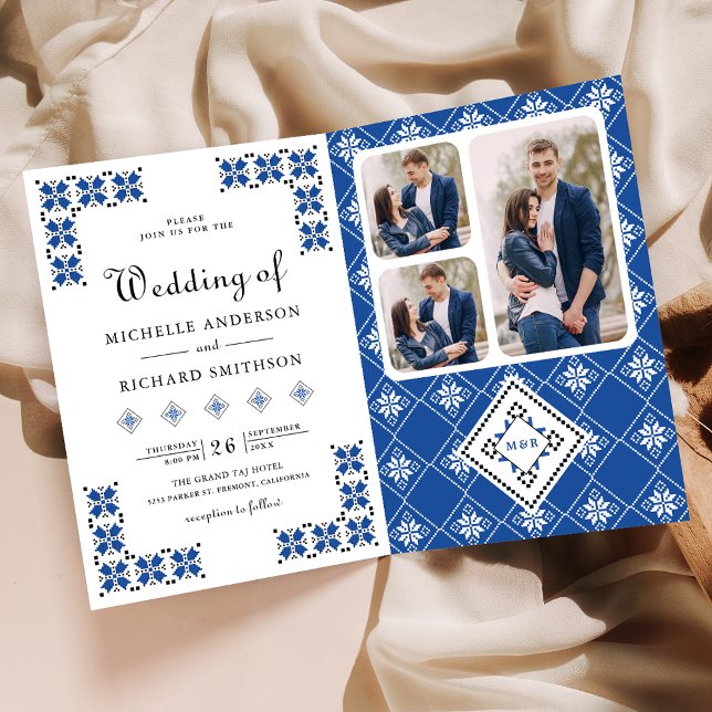 Blue Black Ukrainian Embroidery QR Code Wedding Invitation (Creator Uploaded)