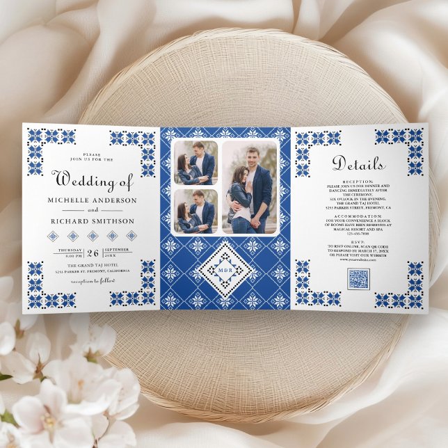 Blue Black Ukrainian Embroidery QR Code Wedding Tri-Fold Invitation (Creator Uploaded)