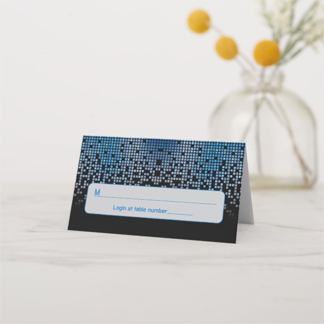 Blue Black Video Game Gamer Bar Mitzvah Address Place Card (Front)