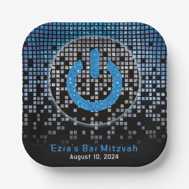 Blue Black Video Game Gamer Bar Mitzvah Paper Plate (Front)