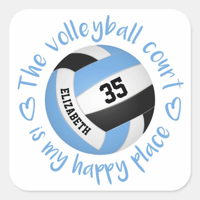 blue black volleyball court happy place typography square sticker (Front)