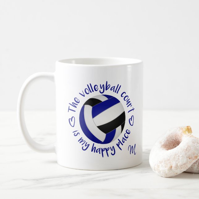 blue black volleyball court my happy place coffee mug (With Donut)