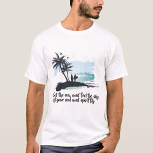 Blue Black Watercolor palm tree, bird ocean Summer T-Shirt