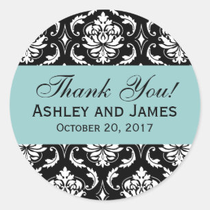 Blue, Black Wedding Damask Thank You Label