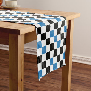 Blue Black White Chequered Pattern Design Short Table Runner