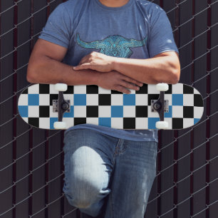 Blue Black White Chequered Pattern Design Skateboard