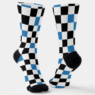 Blue Black White Chequered Pattern Design Socks