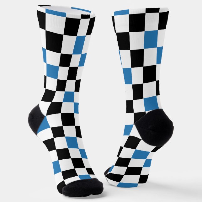 Blue Black White Chequered Pattern Design  Socks (Angled)