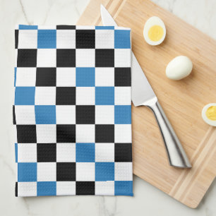 Blue Black White Chequered Pattern Design Tea Towel
