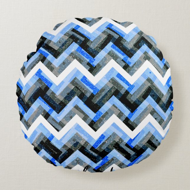 Blue Black White Chevron Textured Round Cushion (Front)