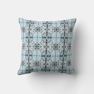 Blue Black White Curly Abstract Repeat Pattern  Cushion