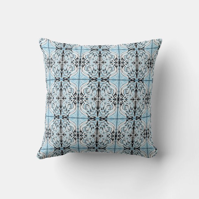 Blue Black White Curly Abstract Repeat Pattern  Cushion (Back)