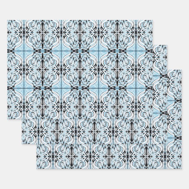 Blue Black White Curly Abstract Repeat Pattern  Wrapping Paper Sheet (Set)