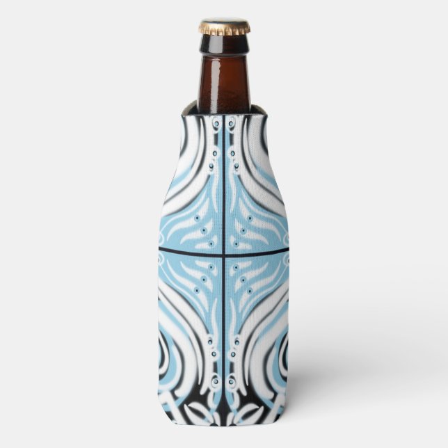 Blue Black White Curvy Abstract Pattern Bottle Cooler (Bottle Front)