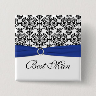 Blue Black White Damask Best Man Pin