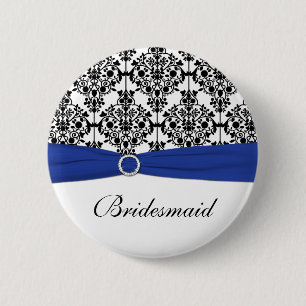 Blue Black White Damask Bridesmaid Pin