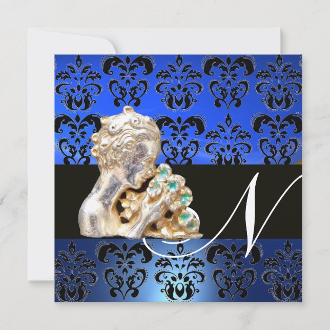 BLUE ,BLACK, WHITE DAMASK JEWEL MONOGRAM INVITATION (Front)