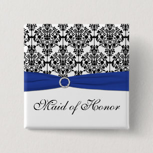Blue Black White Damask Maid of Honour Pin