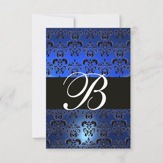 BLUE BLACK WHITE  DAMASK MONOGRAM RSVP INVITATION (Front)