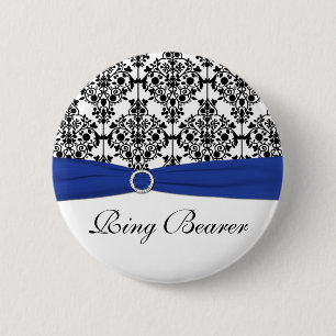 Blue Black White Damask Ring Bearer Pin