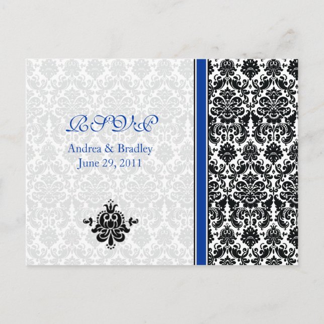 Blue, Black, White Damask RSVP Postcard (Front)
