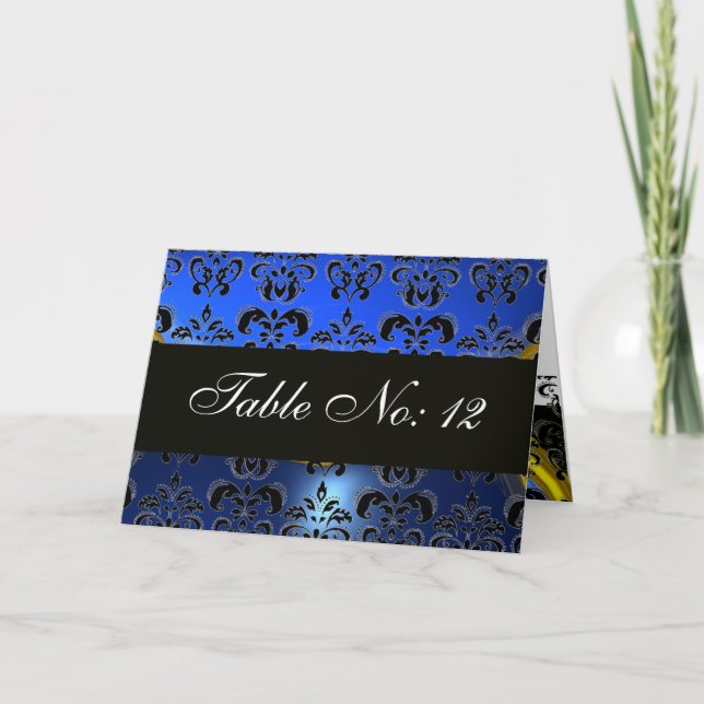 BLUE BLACK WHITE DAMASK SAPPHIRE TABLE SEATING HOLIDAY CARD (Front)
