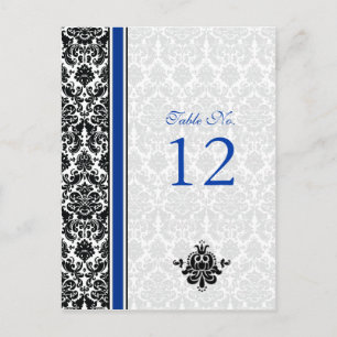 Blue, Black, White Damask Table Number Card