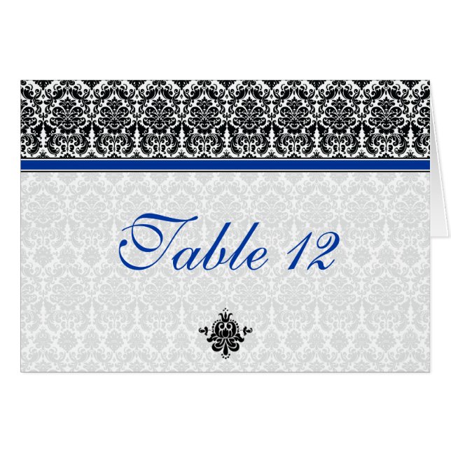 Blue, Black, White Damask Tent Style Table Card (Front Horizontal)