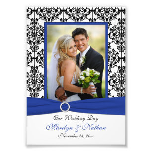 Blue, Black, White Damask Wedding Photo Print