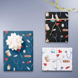Blue Black White Doctor Nurse Equipment Gift Wrapping Paper Sheet