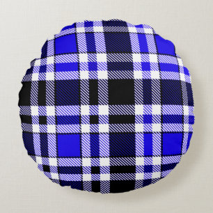 Blue Black White Flannel Tartan Pattern Design  Round Cushion