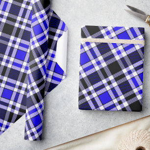Blue Black White Flannel Tartan Pattern Design Wrapping Paper