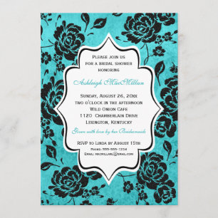 Blue Black White Floral Damask Bridal Shower Invitation