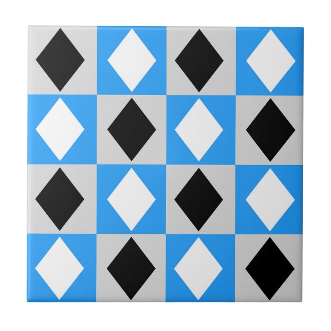 Blue Black White Geometric Rhombus Diamond Tile (Front)