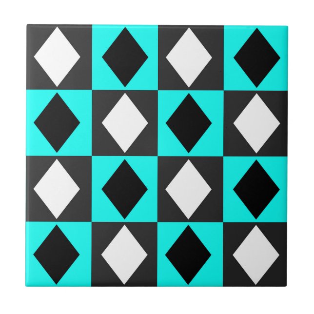 Blue Black White Geometric Rhombus Diamond Tile (Front)