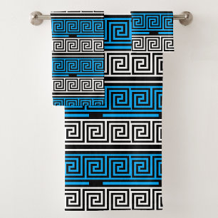 Blue Black White Greek Key Fret Pattern Design Bath Towel Set