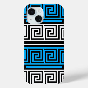 Blue Black White Greek Key Fret Pattern Design  iPhone 15 Case