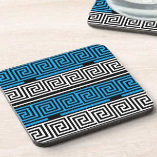 Blue Black White Greek Key Fret Pattern Design Coaster