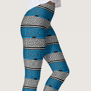 Blue Black White Greek Key Fret Pattern Design Leggings