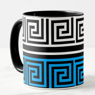 Blue Black White Greek Key Fret Pattern Design  Mug